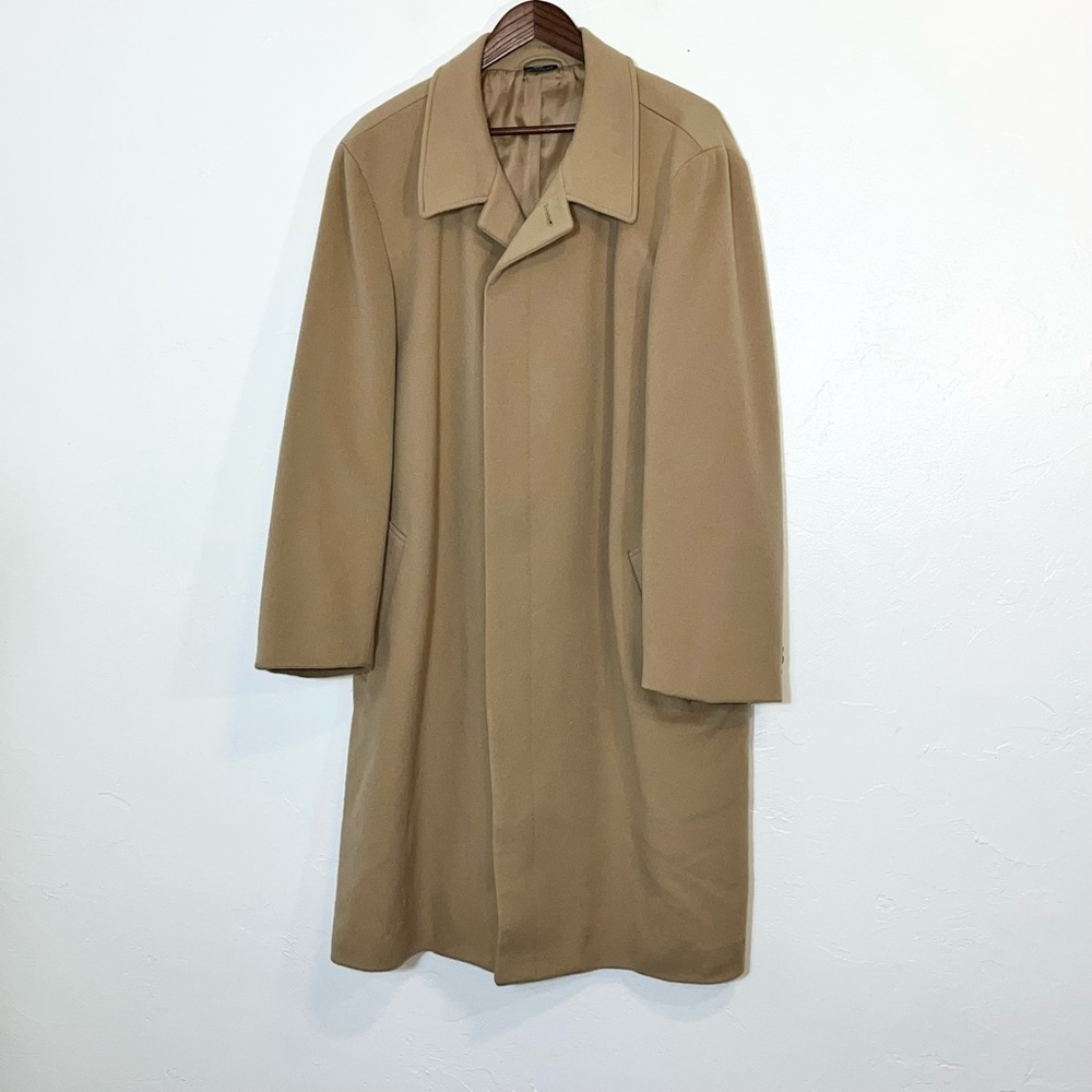 Lands End Vintage 100% Wool Men’s Longline Trench Overcoat Size 46 / XL Tan